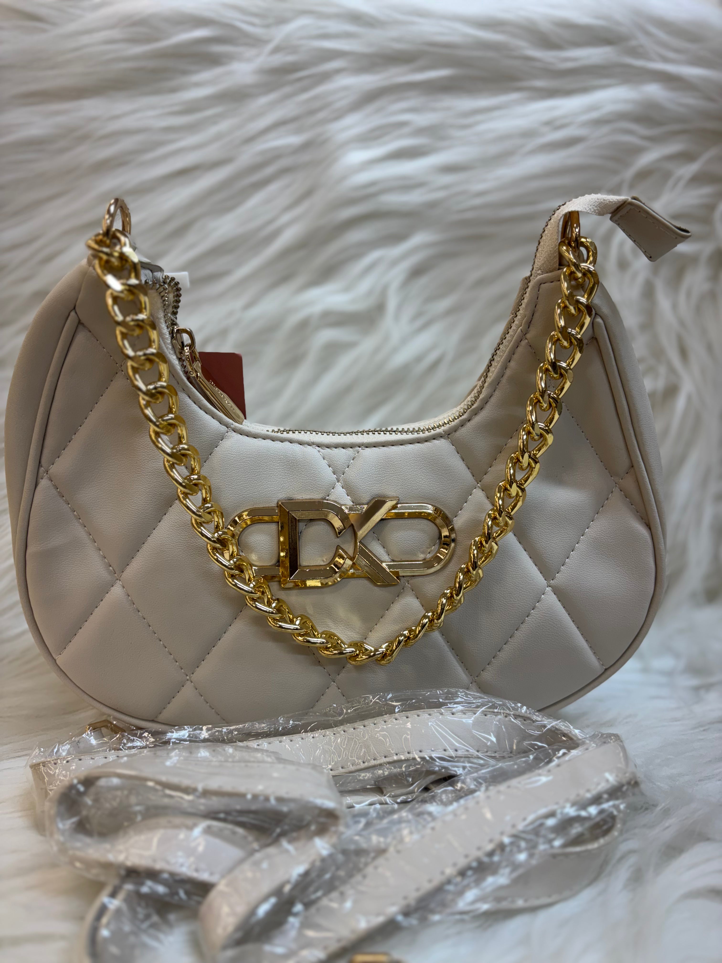 DIANA KORR WHITE QUILTED MOON HOBO BAG WITH GOLD CHAIN TBS-DK24