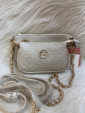 DIANA KORR WHITE DK EMBOSSED MONOGRAM DUAL ZIP SLING BAG WITH CHAIN STRAP TBS-DK 25