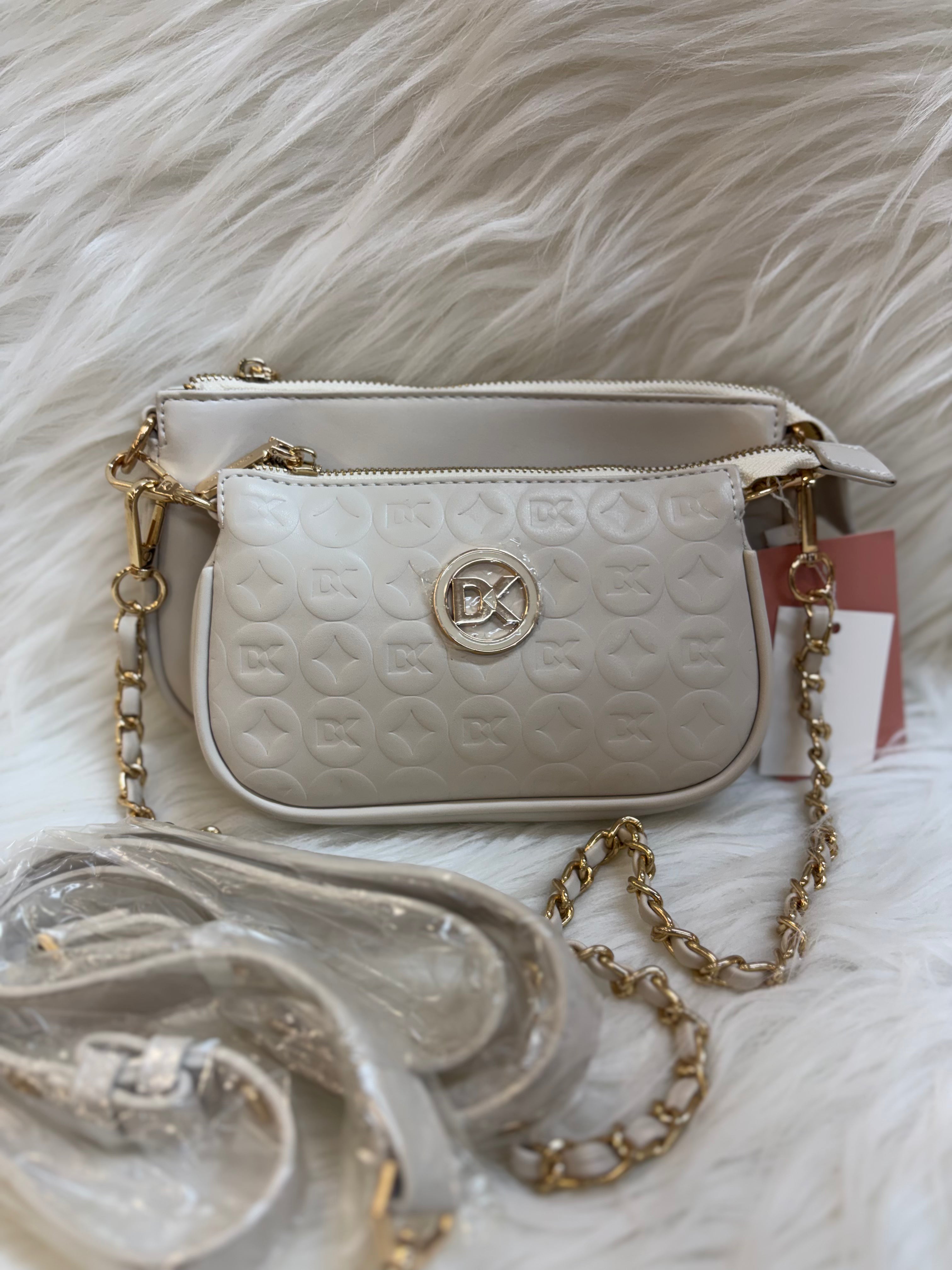 DIANA KORR WHITE DK EMBOSSED MONOGRAM DUAL ZIP SLING BAG WITH CHAIN STRAP TBS-DK 25