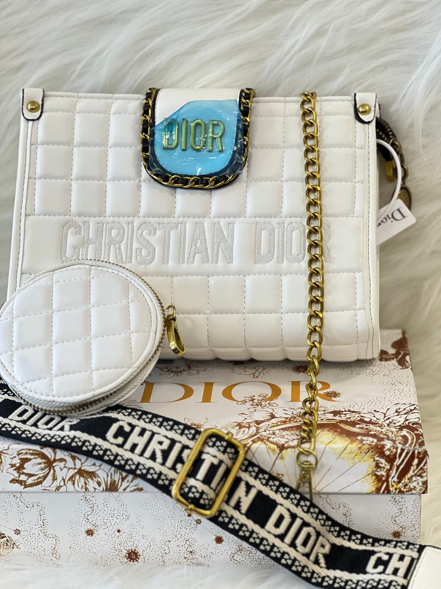 DIIOR CROSSBODY WHITE PRINT SHOULDER BAG ( WITH BOX )