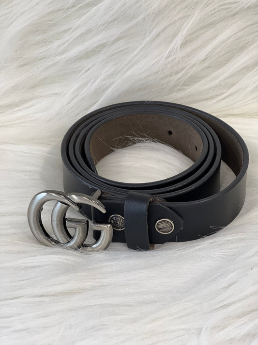 Gucii  Black Leather Belt With Silver GG Buckle ( Without Box )