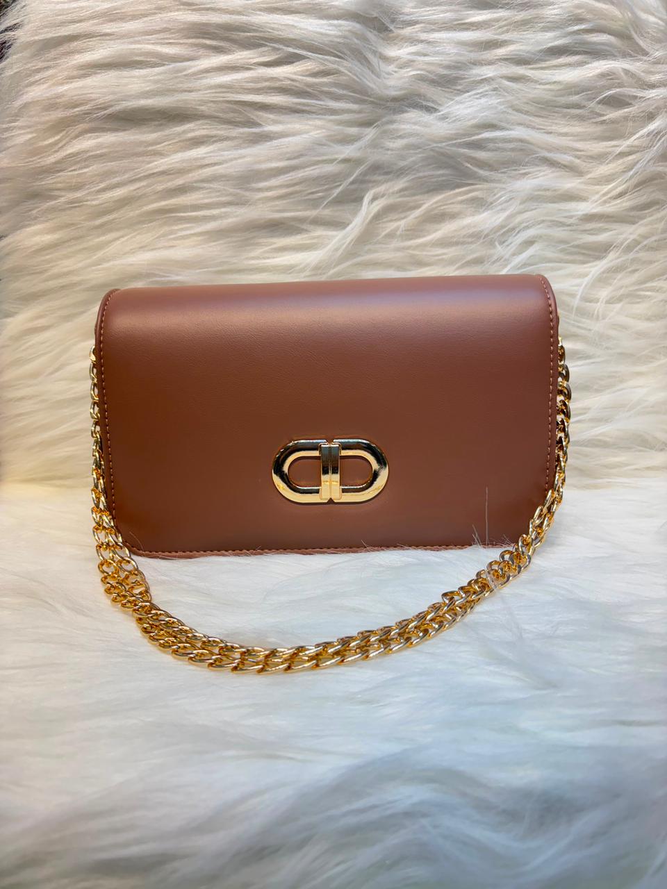 Elegant Lock Chain Sling Bag – Brown | TBS-023