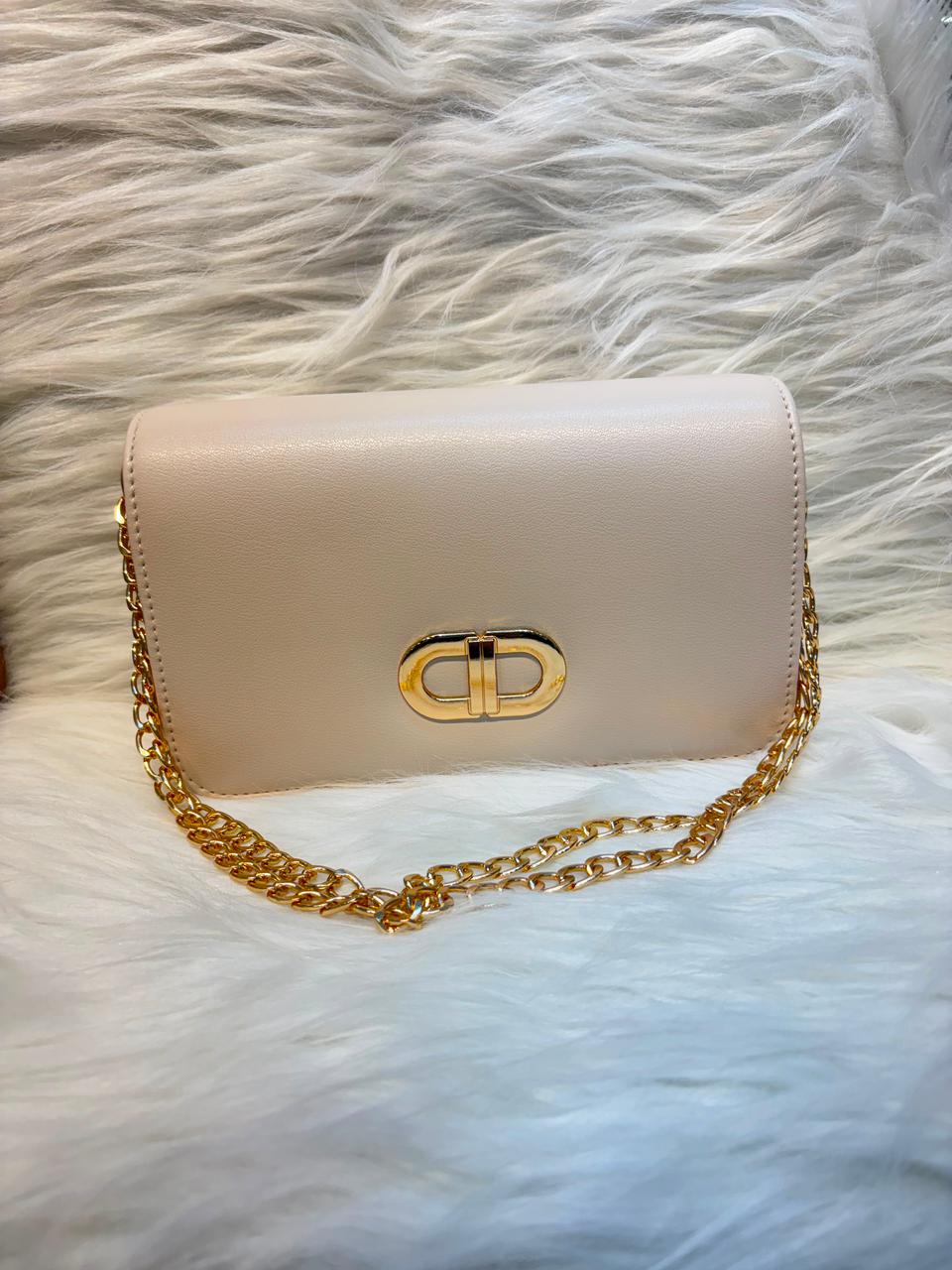 Elegant Lock Chain Sling Bag – Beige | TBS-026