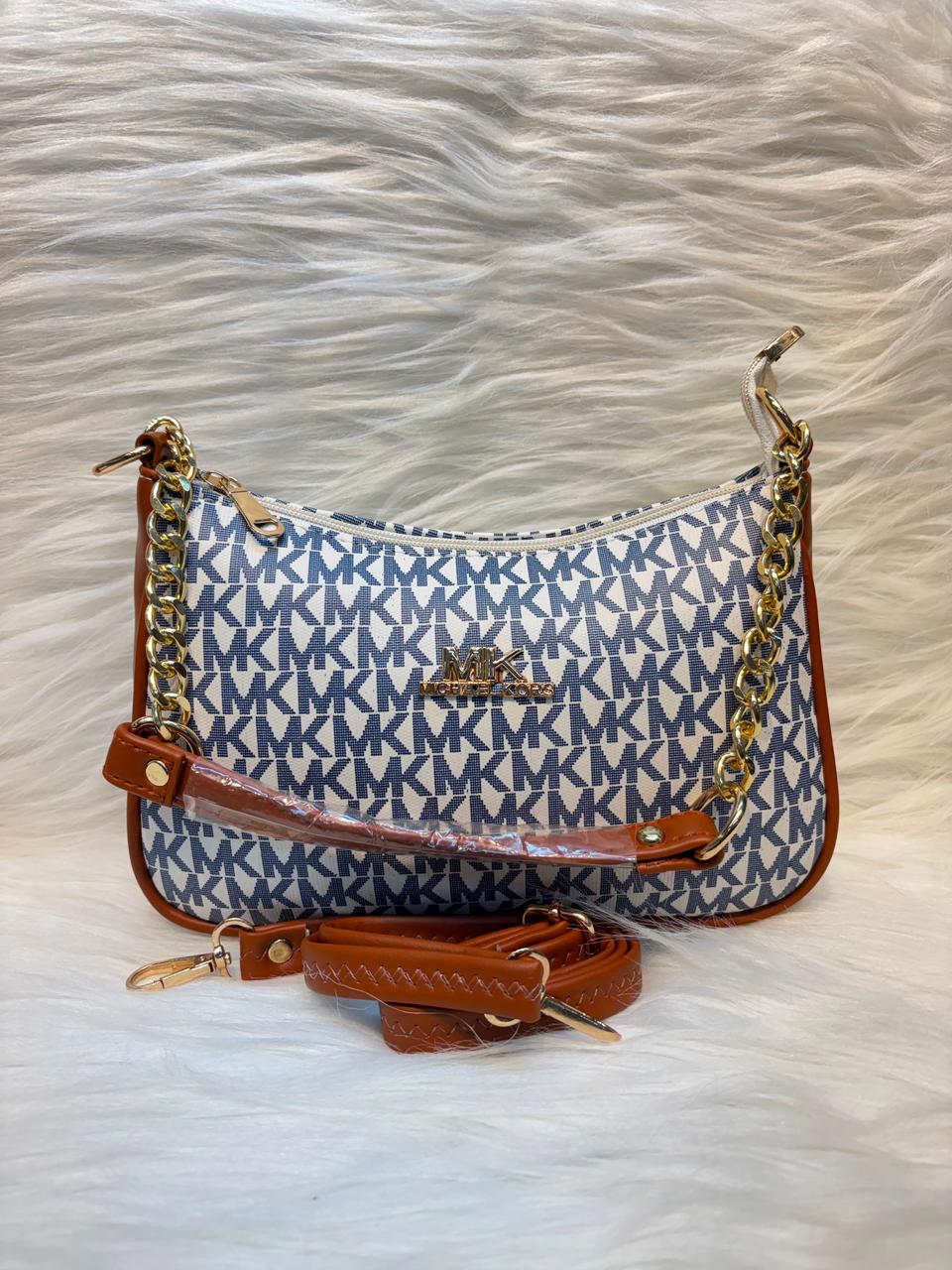 MK Monogram Chain Shoulder Sling Bag – White & Tan | TBS-040